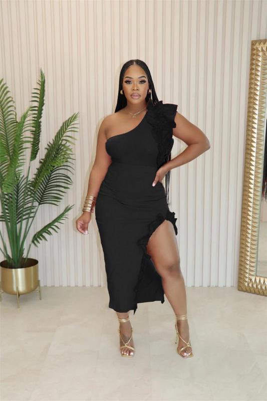 Black Sleeveless Lacy Ruffles Sexy Party Club Slit Two Pieces Midi Dress