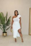 White Sleeveless Lacy Ruffles Sexy Party Club Slit Two Pieces Midi Dress