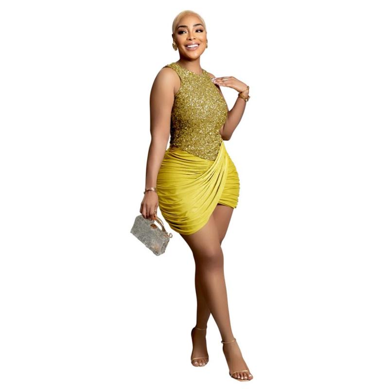 Gold Sleeveless Sequins Top Pleated Women Club Dress