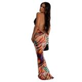 Orange Lace Deep V Neck Backless Printing Women Floral Outfit Maxi Dress