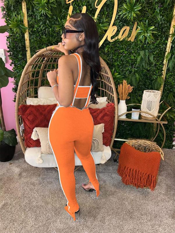 Orange Straps Two Pieces Women Bodycon Party Casual Overall Jumpsuit Sets