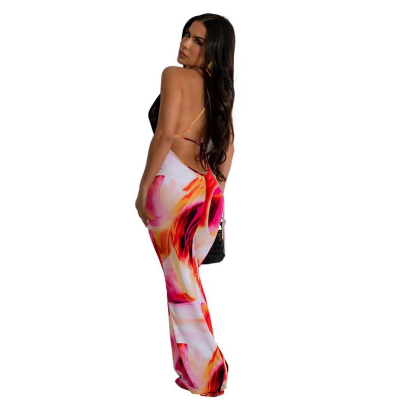 Red Lace Deep V Neck Backless Printing Women Floral Outfit Maxi Dress