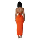Orange Sleeveless Short Crop Top Striped Bandage Pleated Club Midi Dress