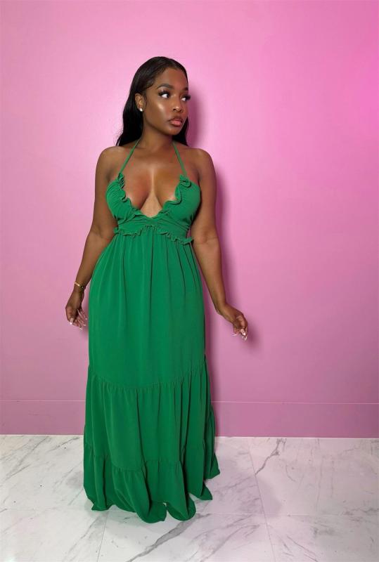 Green Sleeveless Women Straps Fashion Low Cut Sexy Pleated Skirt Dress