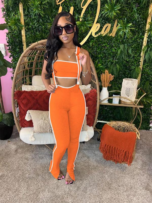 Orange Straps Two Pieces Women Bodycon Party Casual Overall Jumpsuit Sets