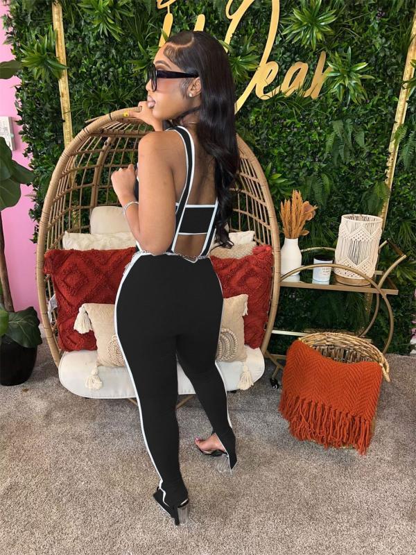 Black Straps Two Pieces Women Bodycon Party Casual Overall Jumpsuit Sets