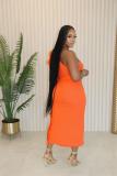 Orange Sleeveless Lacy Ruffles Sexy Party Club Slit Two Pieces Midi Dress