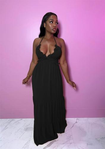Black Sleeveless Women Straps Fashion Low Cut Sexy Pleated Skirt Dress