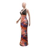 Orange Lace Deep V Neck Backless Printing Women Floral Outfit Maxi Dress