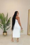 White Sleeveless Lacy Ruffles Sexy Party Club Slit Two Pieces Midi Dress