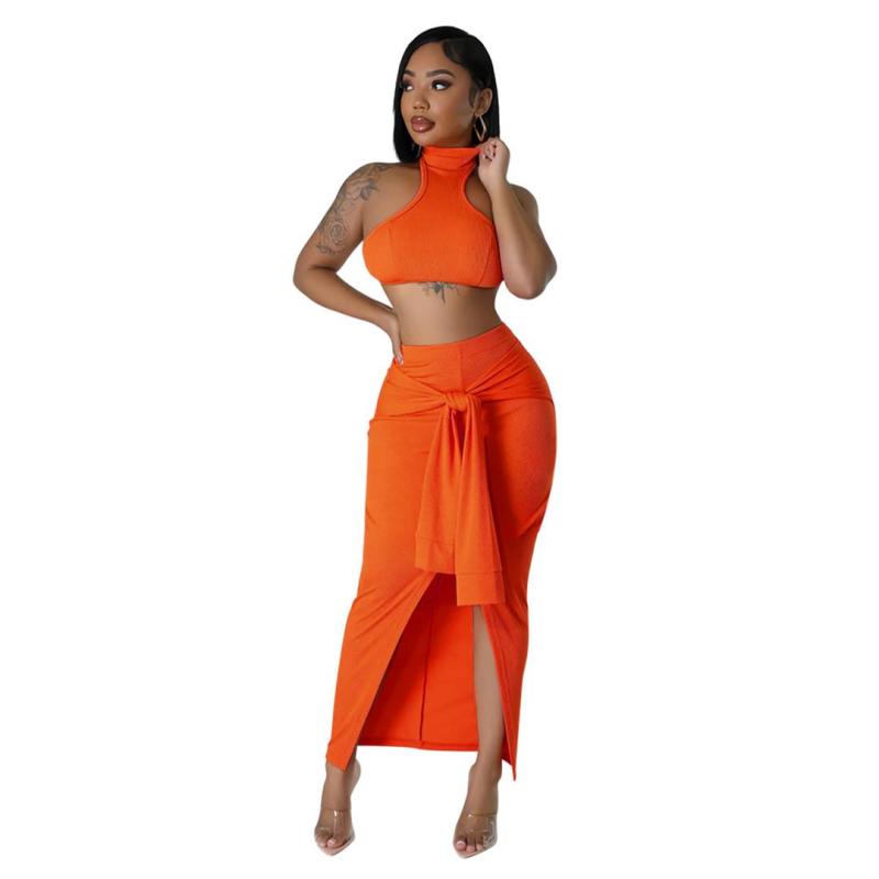Orange Sleeveless Short Crop Top Striped Bandage Pleated Club Midi Dress