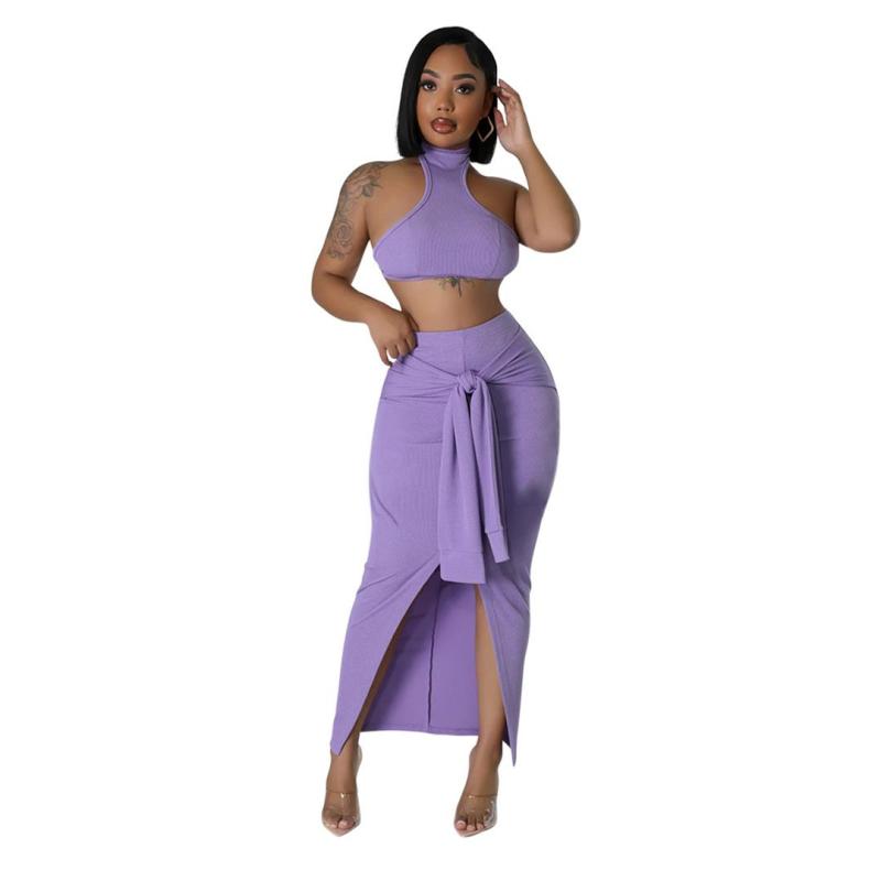 Purple Sleeveless Short Crop Top Striped Bandage Pleated Club Midi Dress