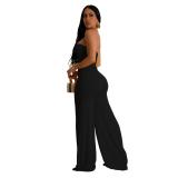Black Off Shoulder V Neck Slim Fit Casual Women Wide Leg Jumpsuits