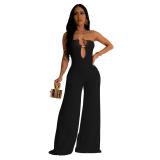 Black Off Shoulder V Neck Slim Fit Casual Women Wide Leg Jumpsuits