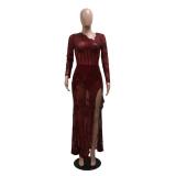 Claret Long Sleeve Mesh See Through Sequins Prom Party Evening Dress