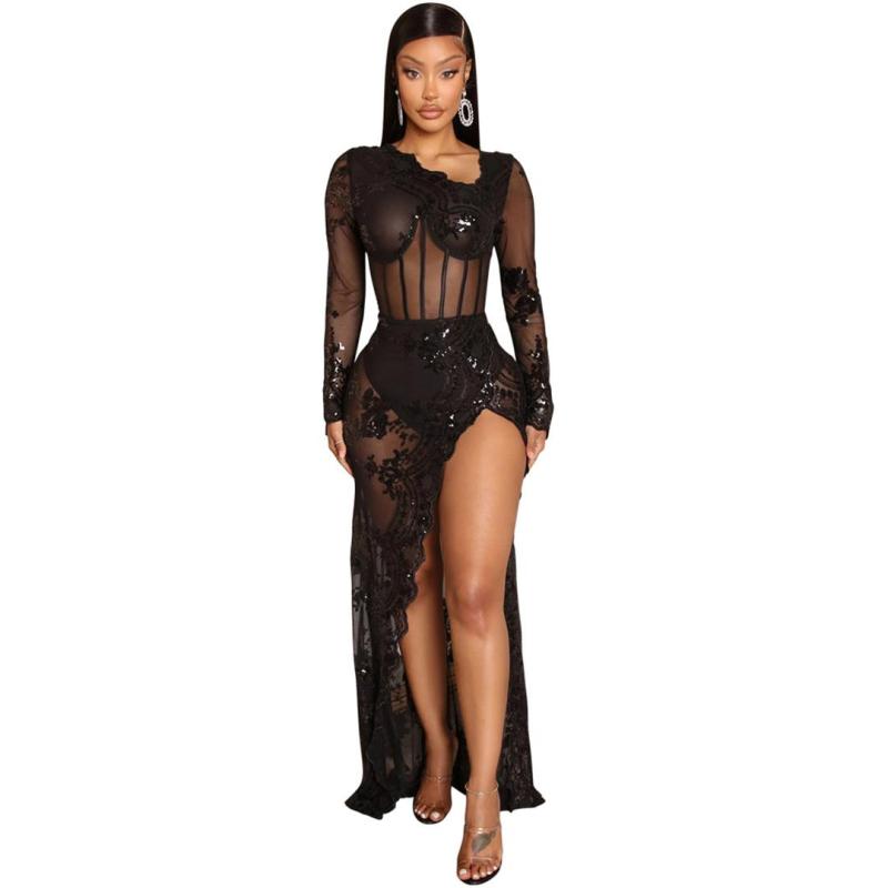 Black Long Sleeve Mesh See Through Sequins Prom Party Evening Dress