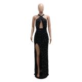 Black Sleeveless Hollow Out Pearls Halter Sexy Women Prom Maxi Dress