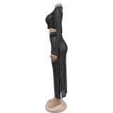 Mesh Sexy Rhinestones Crop Top Pleated See Through Midi Skirt Sets Dress