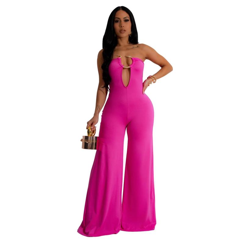 Rose Red Off Shoulder V Neck Slim Fit Casual Women Wide Leg Jumpsuits