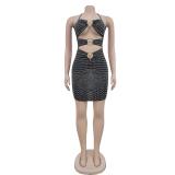 Black Hollow Out Rhinestones Bandage Rings Club Dress
