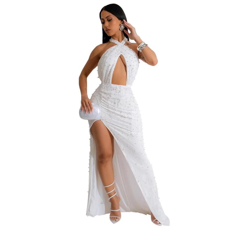 White Sleeveless Hollow Out Pearls Halter Sexy Women Prom Maxi Dress