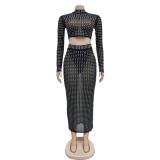 Mesh Sexy Rhinestones Crop Top Pleated See Through Midi Skirt Sets Dress