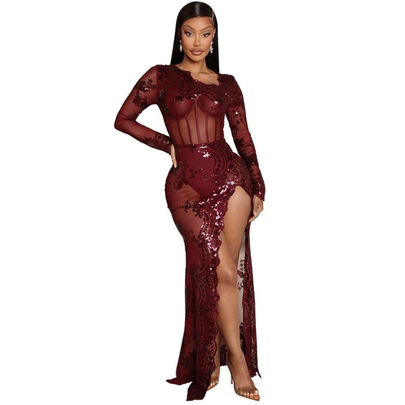 Claret Long Sleeve Mesh See Through Sequins Prom Party Evening Dress