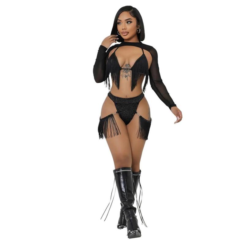 Black Mesh Long Sleeve Holster Tassels Bra & Brief Club Sets Dress