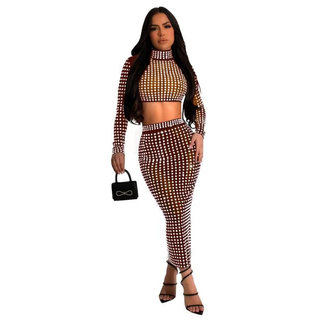 Beige Sexy Rhinestones Crop Top Pleated See Through Midi Skirt Sets Dress