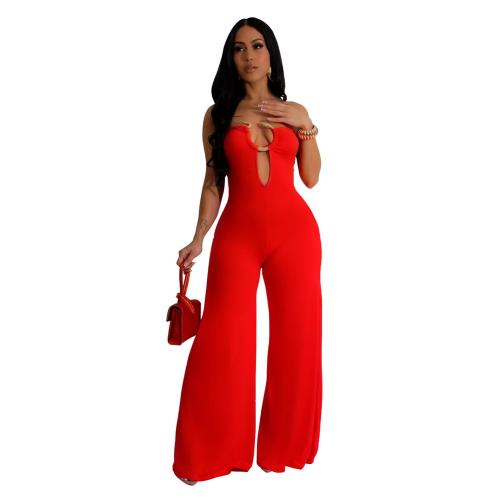 Red Off Shoulder V Neck Slim Fit Casual Women Wide Leg Jumpsuits