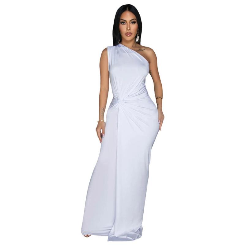 White Sloping Collar Sleeveless Slim Fit Pleated Elegant Evening Maxi Dress