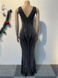 Black Luxury Women V Neck Bodycon Rhinestones Formal Maxi Dress