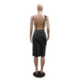 Black Sleeveless Mesh Rhinestone Bodycon Slit Sexy Club Dress