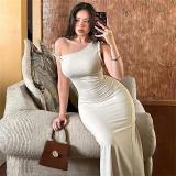 Beige Sloping Shoulder Women Slim Fit Bodycon Women Formal Evening Dress