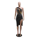 Black Sleeveless Mesh Rhinestone Bodycon Slit Sexy Club Dress