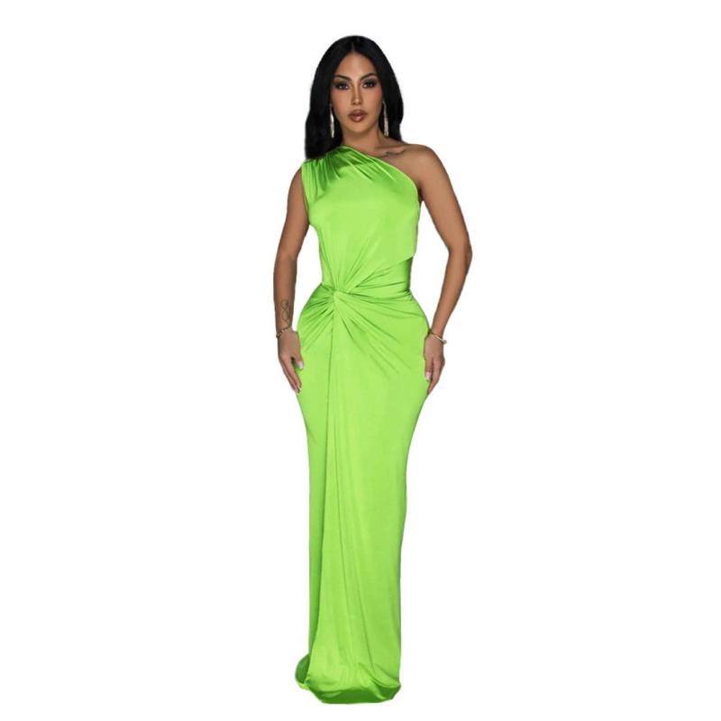 Green Sloping Collar Sleeveless Slim Fit Pleated Elegant Evening Maxi Dress