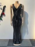 Black Luxury Women V Neck Bodycon Rhinestones Formal Maxi Dress