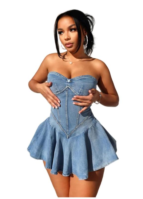 Blue Off Shoulder Denim Sexy Skirt Jeans Dress