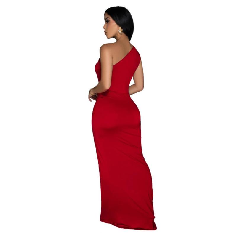 Red Sloping Collar Sleeveless Slim Fit Pleated Elegant Evening Maxi Dress