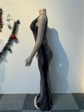 Black Luxury Women V Neck Bodycon Rhinestones Formal Maxi Dress