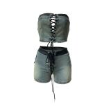 Light Blue Off Shoulder Denim Bandage Sexy Two Pieces Short Sets