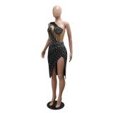 Black Sleeveless Mesh Rhinestone Bodycon Slit Sexy Club Dress