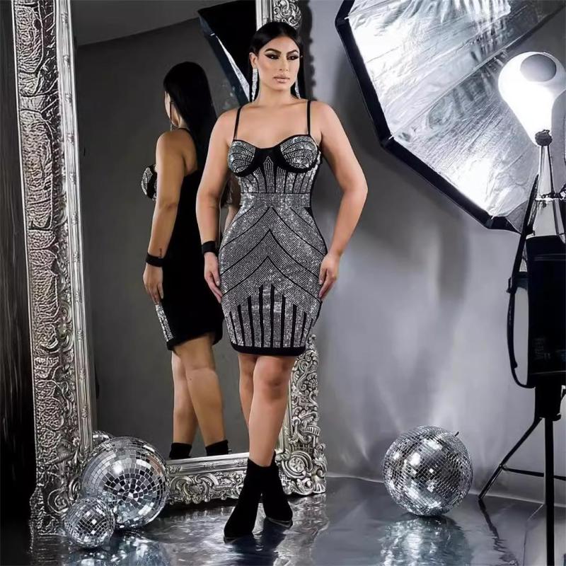 Halter Low Cut  V Neck Mesh Rhinestone Bodycon Luxury Women Formal Maxi Dress 005