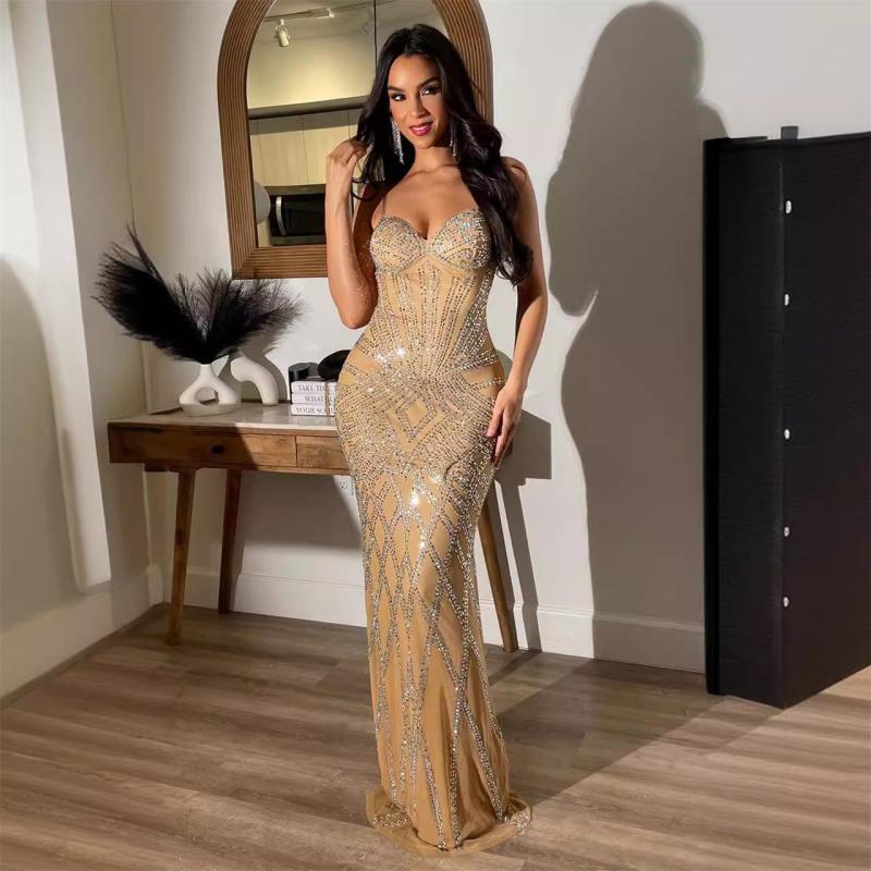 Beige Halter Low Cut  V Neck Mesh Rhinestone Bodycon Luxury Women Formal Maxi Dress