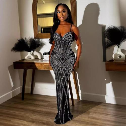 Black Halter Low Cut  V Neck Mesh Rhinestone Bodycon Luxury Women Formal Maxi Dress