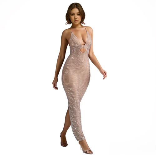 Beige Low Cut V Neck Rhinestone Mesh Sexy Midi Prom Dress