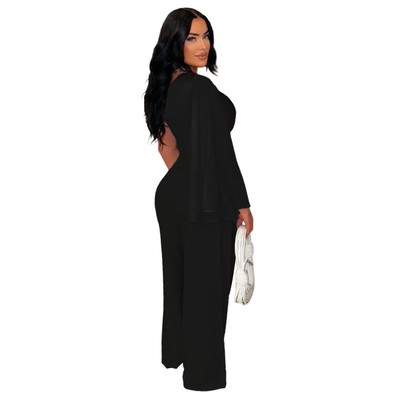 Black One Sleeve V Neck Crop Top Pleated Wide Leg Party Pant Sets