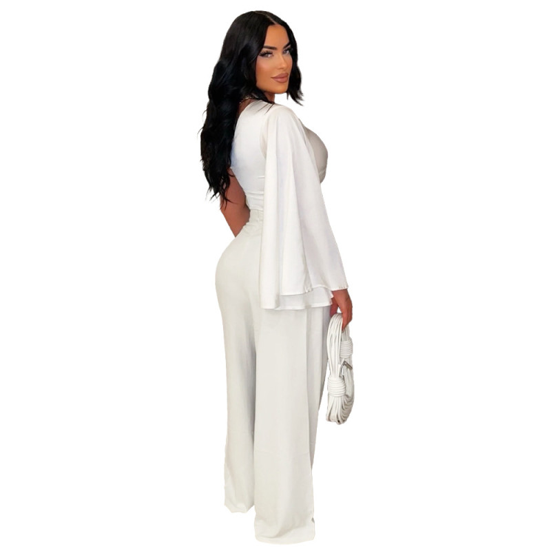 White One Sleeve V Neck Crop Top Pleated Wide Leg Party Pant Sets