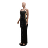 Black Sleeveless Low Cut Lace Mesh Diamonds Sexy Slit Party Luxury Maxi Dress