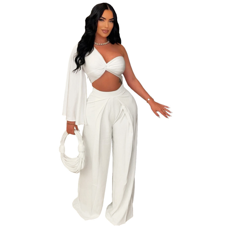 White One Sleeve V Neck Crop Top Pleated Wide Leg Party Pant Sets